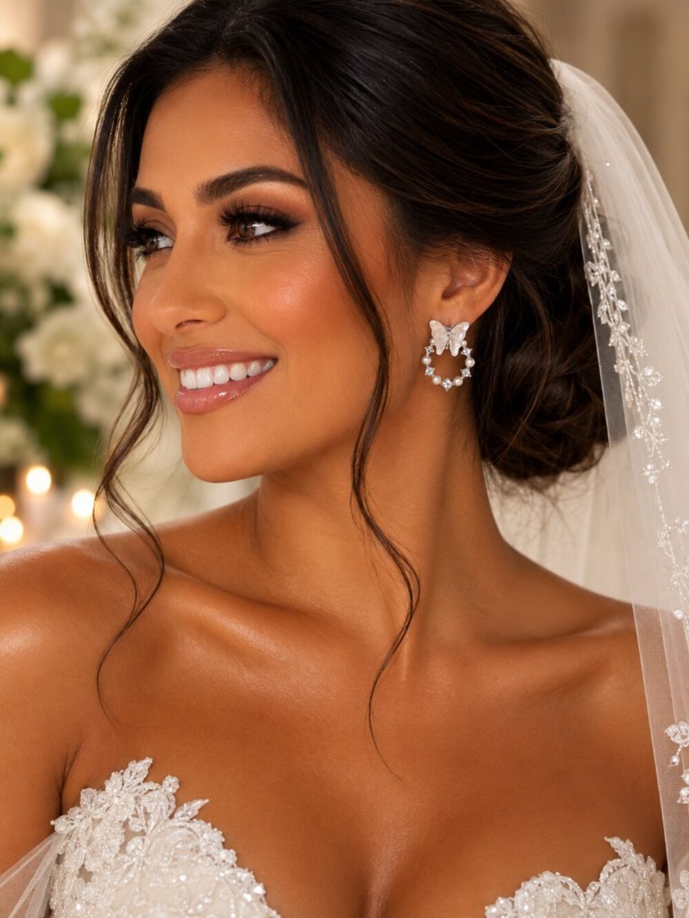 Pearl & Rhinestone Butterfly Hoop Stud Earrings - Picture 2 of 6